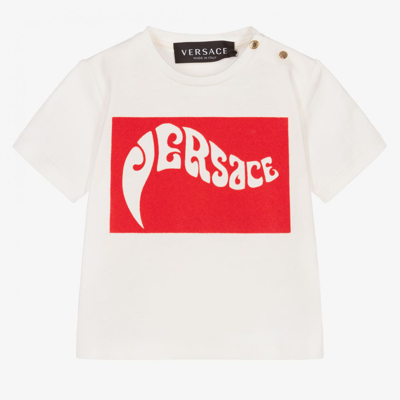 Shop Versace Boys Ivory & Red Logo T-shirt