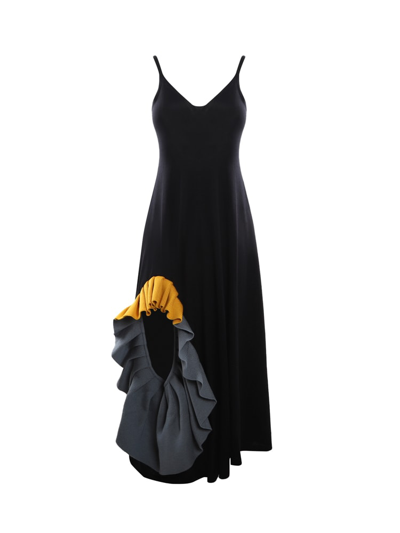 Shop Loewe Wool Midi Dress With Contrasting Ruffles In Black