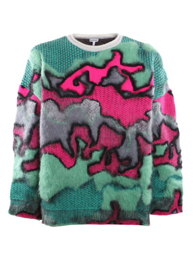 Shop Loewe Mohair Blend Sweater With Camouflage Pattern In Green, Grey, Pink