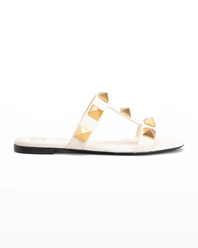 Shop Valentino Roman Stud T-strap Slide Sandals In Light Ivory