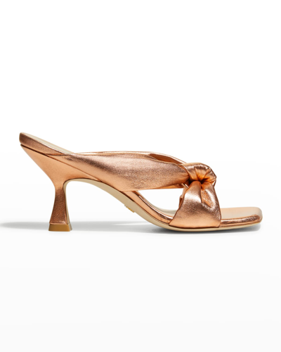 Shop Stuart Weitzman Playa Metallic Knot Kitten-heel Sandals In Rose Gold