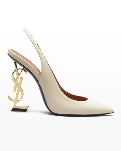 Shop Saint Laurent Opyum Ysl Pointed Leather Pumps In Beige