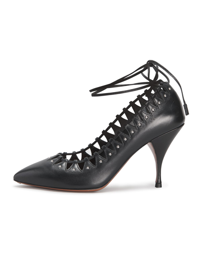 Shop Alaïa 90mm Calf Leather Pumps With Studs And Ankle Wrap Tie In Black