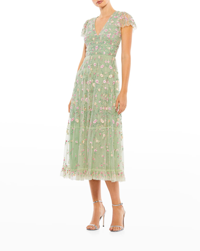 Shop Mac Duggal Floral-embroidered Midi Dress In Sage