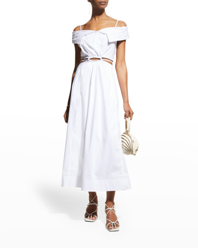 Shop Jonathan Simkhai Ansley Poplin Off-the-shoulder Cutout A-line Midi Dress In White