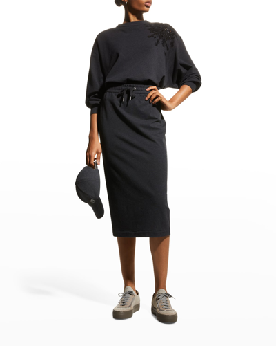 Shop Brunello Cucinelli Drawstring Felpa Jersey Midi Skirt In C055 Charcoal