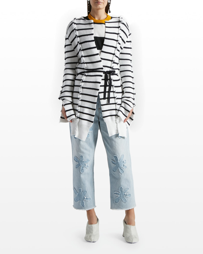 Shop Marni Stripe Deconstructed Cardigan W/ Self Belt In Lily/white