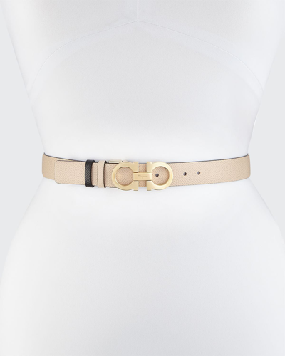 Shop Ferragamo Gancini-buckle Reversible Leather Belt In Macadamia/gold
