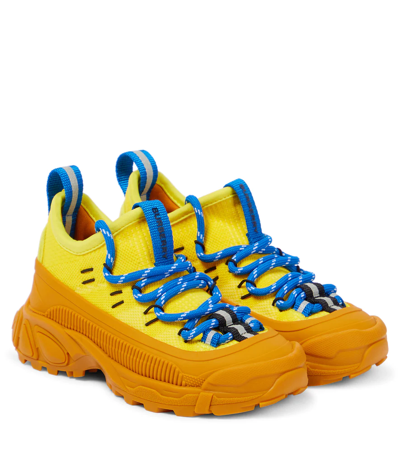 Shop Burberry Knit Sneakers In Acid Yellow
