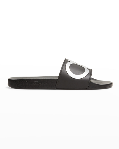 Shop Ferragamo Men's Groove 2 Gancini Pool Slide Sandals In Nero-silver