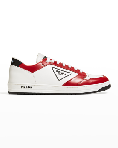 Shop Prada Men's Avenue Bicolor Leather Low-top Sneakers In Bianco Scarlatto