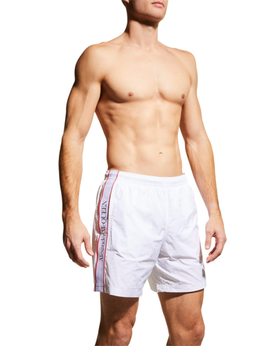 Shop Alexander Mcqueen Men's Logo Taping Swim Shorts In White