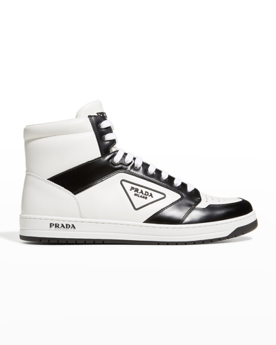 Shop Prada Men's Avenue Logo Bicolor High-top Sneakers In Bianco Nero