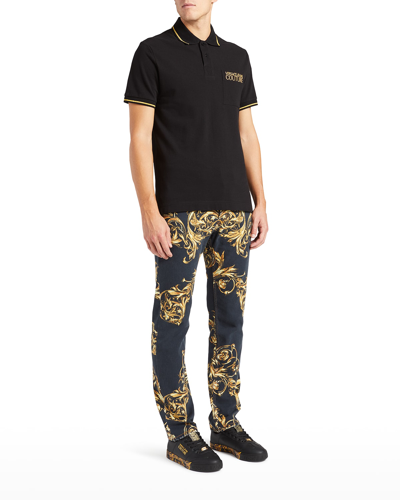 Shop Versace Jeans Couture Men's Metallic-logo Polo Shirt In Black + Gold