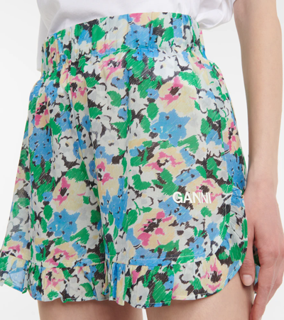 Shop Ganni Floral Cotton Shorts In Floral Azure Blue