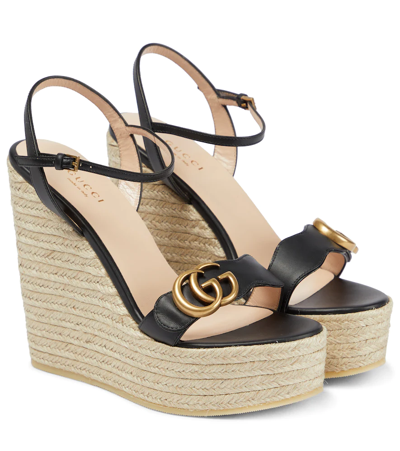 Shop Gucci Leather Espadrille Wedge Sandals In Nero