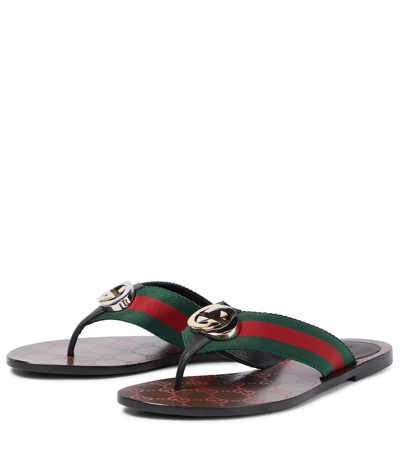 Shop Gucci Gg Web Leather Thong Sandals In V.r.v/nero