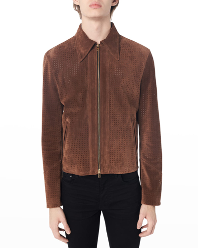 Shop Amiri Men's Perforated Suede Zip-up Jacket In Dark Brown