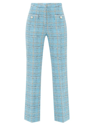 Embellished Checked Metallic Bouclé-tweed Flared Pants In Blue