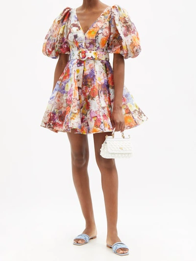 Zimmermann Prima Belted Pleated Floral-print Linen And Silk-blend Mini ...