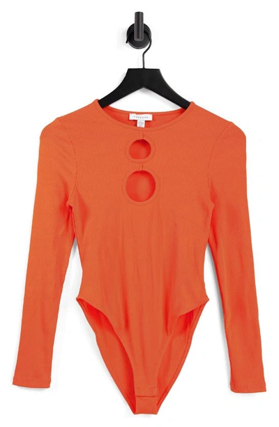 Shop Topshop Rib Circular Cutout Long Sleeve Bodysuit In Orange