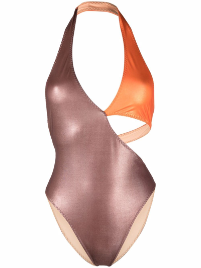 Shop Alessandro Vigilante One-piece Swimsuit In Shiny Techno In Marrone