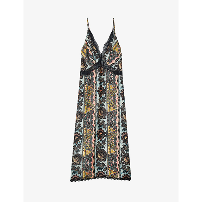 Shop Sandro Luana Graphic-print Silk Midi Dress In Noir / Gris