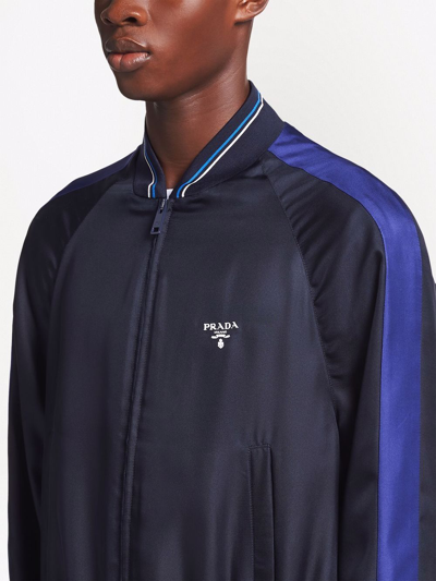 Shop Prada Logo-print Silk Bomber Jacket In Blue