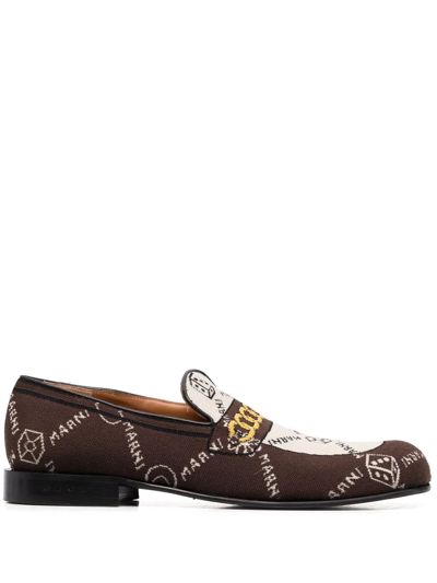 Shop Marni Monogram-knit Loafers In Brown