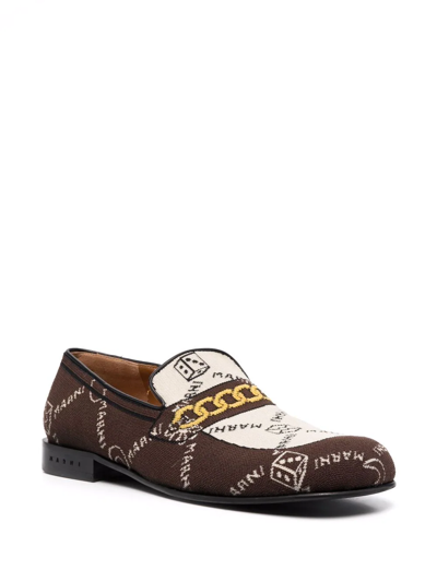 Shop Marni Monogram-knit Loafers In Brown