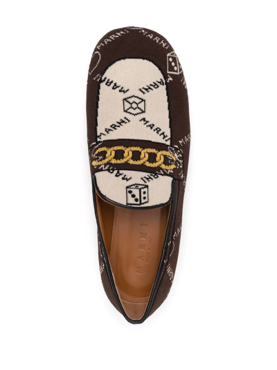 Shop Marni Monogram-knit Loafers In Brown