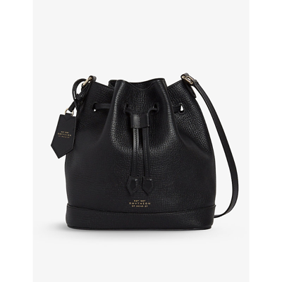 Shop Smythson Grained Small Leather Bucket Bag In Black