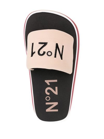 Shop N°21 Logo-strap Flatform Slides In Neutrals