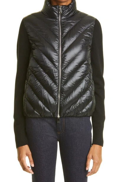 Shop Moncler Quilted Down & Knit Cardigan In Black