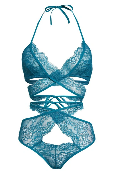 Shop Oh La La Cheri Charlena Crossover Halter Bralette & High Waist Panties Set In Blue Coral
