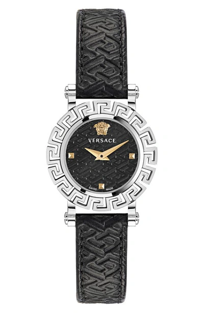 Shop Versace Greca Glam Leather Strap Watch, 30mm In Stainless Steel