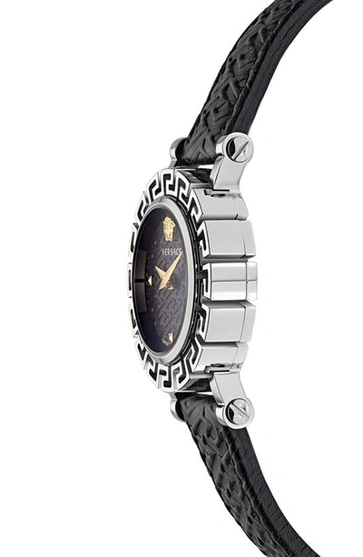 Shop Versace Greca Glam Leather Strap Watch, 30mm In Stainless Steel