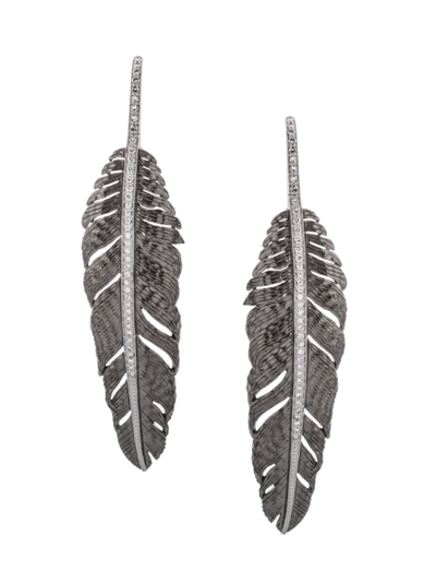 Shop Michael Aram Women's Feather Black Rhodium-plate & Diamond Drop Earrings