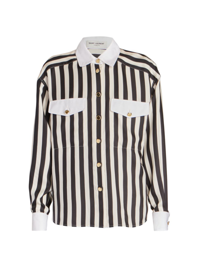 Shop Saint Laurent Silk Chemise Striped Shirt In Noir Craie
