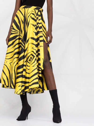 Shop Roberto Cavalli Asymmetric Zebra Print Pleated Skirt In Yellow