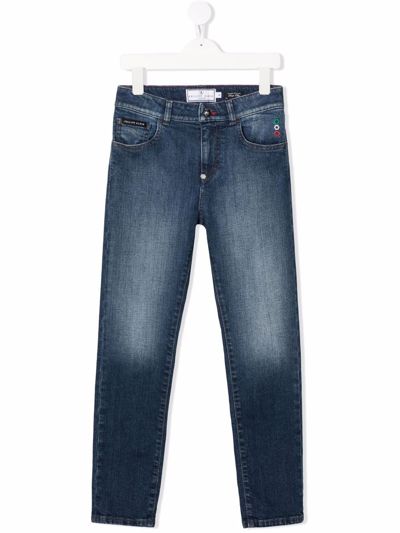 Shop Philipp Plein Junior Logo-patch Slim-cut Jeans In Blue