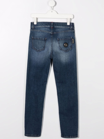 Philipp Plein Junior Logo-patch Slim-cut Jeans In Blue