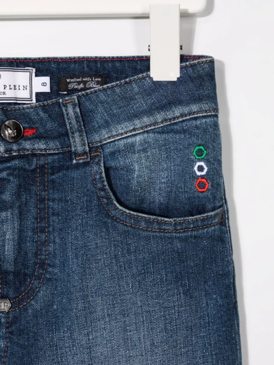 Philipp Plein Junior Logo-patch Slim-cut Jeans In Blue