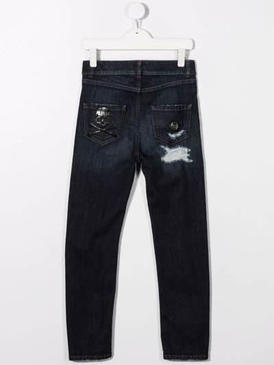 Shop Philipp Plein Junior Distressed Slim-cut Jeans In Blue