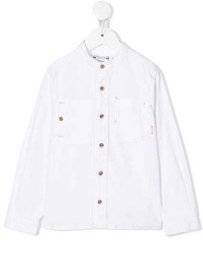 Shop Bonpoint Teen Collarless Denim Shirt In White