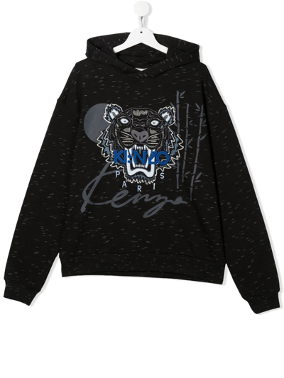 Shop Kenzo Logo-embroidered Cotton Hoodie In Black