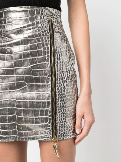 Shop Roberto Cavalli Embossed Crocodile Effect Skirt In Silver