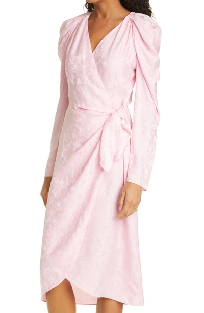 Shop Les Rêveries Floral Satin Jacquard Long Sleeve Wrap Dress In Rose Pink Jaquard