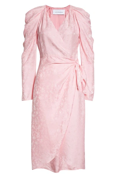 Shop Les Rêveries Floral Satin Jacquard Long Sleeve Wrap Dress In Rose Pink Jaquard