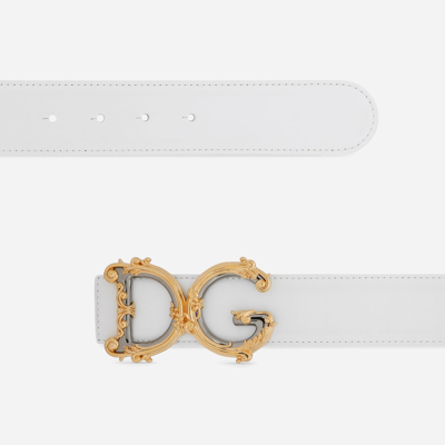Shop Dolce & Gabbana Leather Belt With Baroque Dg Logo In White